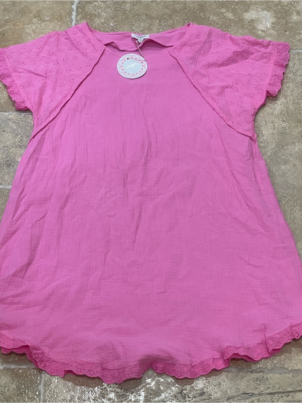 Umgee Pink Cotton Dress M Round Neck Short Sleeve Pullover Eyelet Ruffle NWT